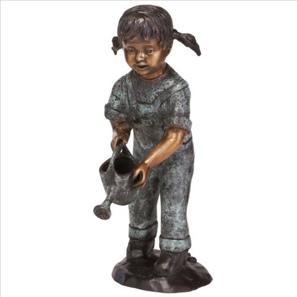 Girl Water Can Garden Sculpture made of bronze Pigtails Multi Tones